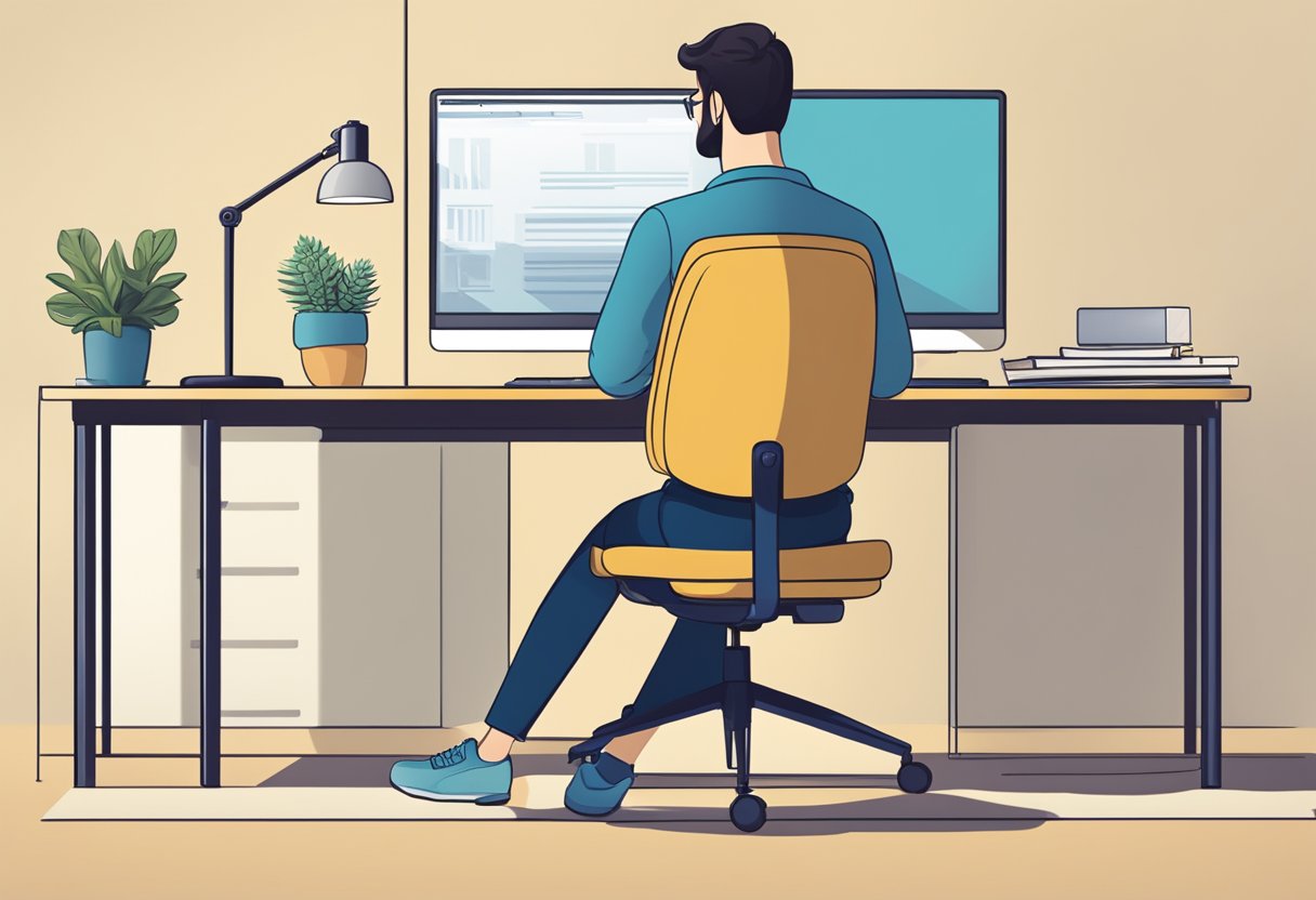 A person sitting at a desk with proper posture, using an ergonomic chair and desk setup, with a straight back and feet flat on the floor