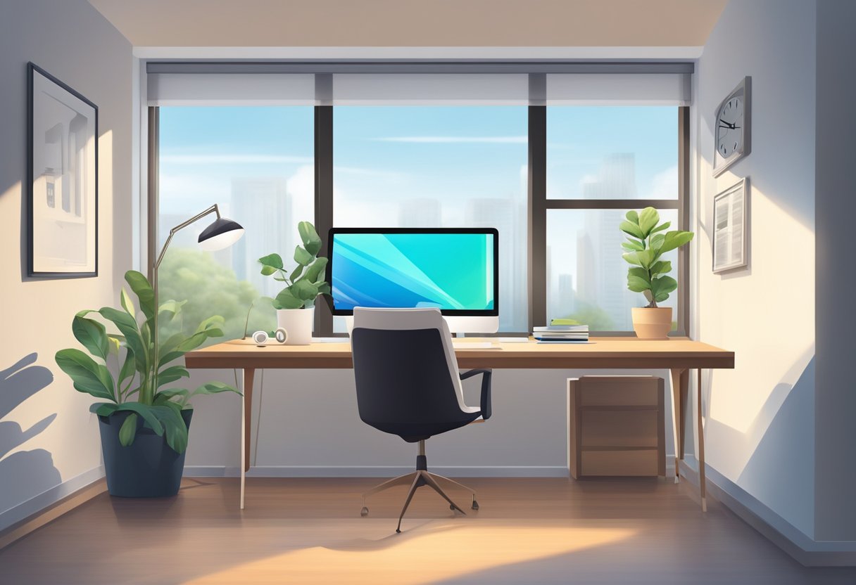 A well-lit workspace with a computer screen and a timer set for regular breaks. A comfortable chair and a window with natural light