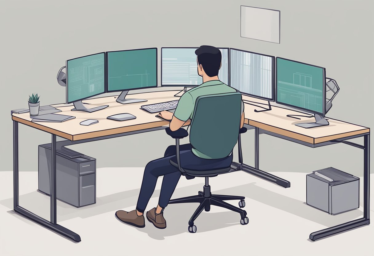 A person sitting at a desk with proper posture, using an ergonomic chair and a computer monitor at eye level, while maintaining a neutral spine and relaxed shoulders