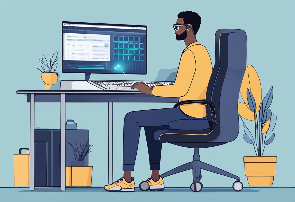 A person sits at a desk with a computer screen. They adjust the screen settings and use assistive accessories like blue light glasses and ergonomic keyboard to prevent eye strain and headaches