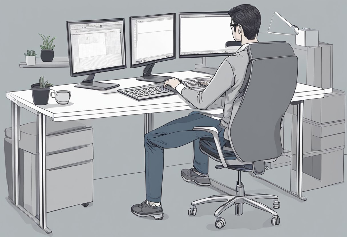 A person sitting at a desk with proper posture, back straight, feet flat on the floor, and computer screen at eye level. A chair with good lumbar support and arms at a 90-degree angle