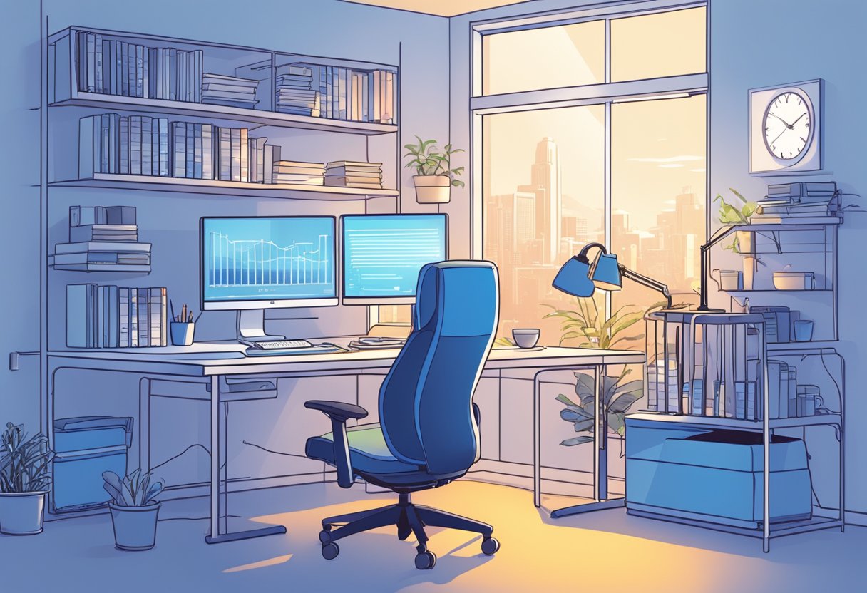 A bright, organized workspace with a computer screen, ergonomic chair, and proper lighting. A person takes regular breaks and uses blue light filtering glasses