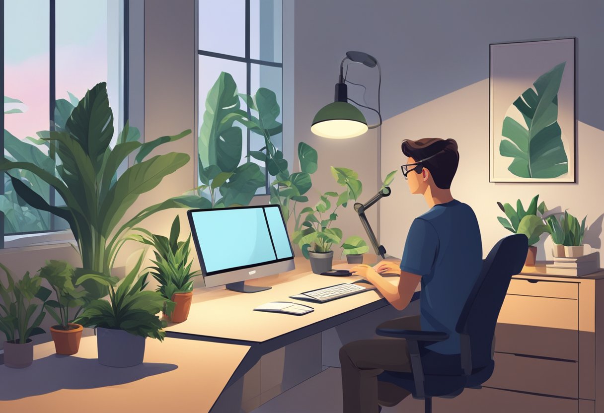 A person sitting at a desk with a computer screen, using a desk lamp for additional lighting. The room is well-lit and organized, with plants and a window in the background