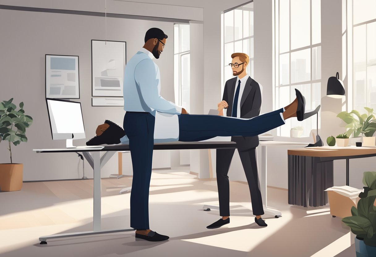 A professional in business attire receives assisted stretching from a certified practitioner in a modern, well-lit studio