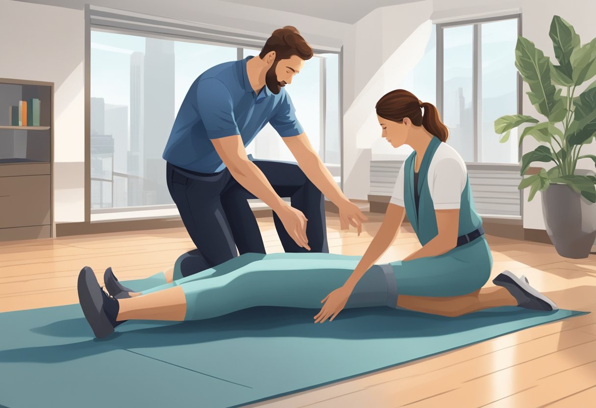 A person in professional attire receiving assisted stretching from a trained specialist in a quiet, well-lit studio