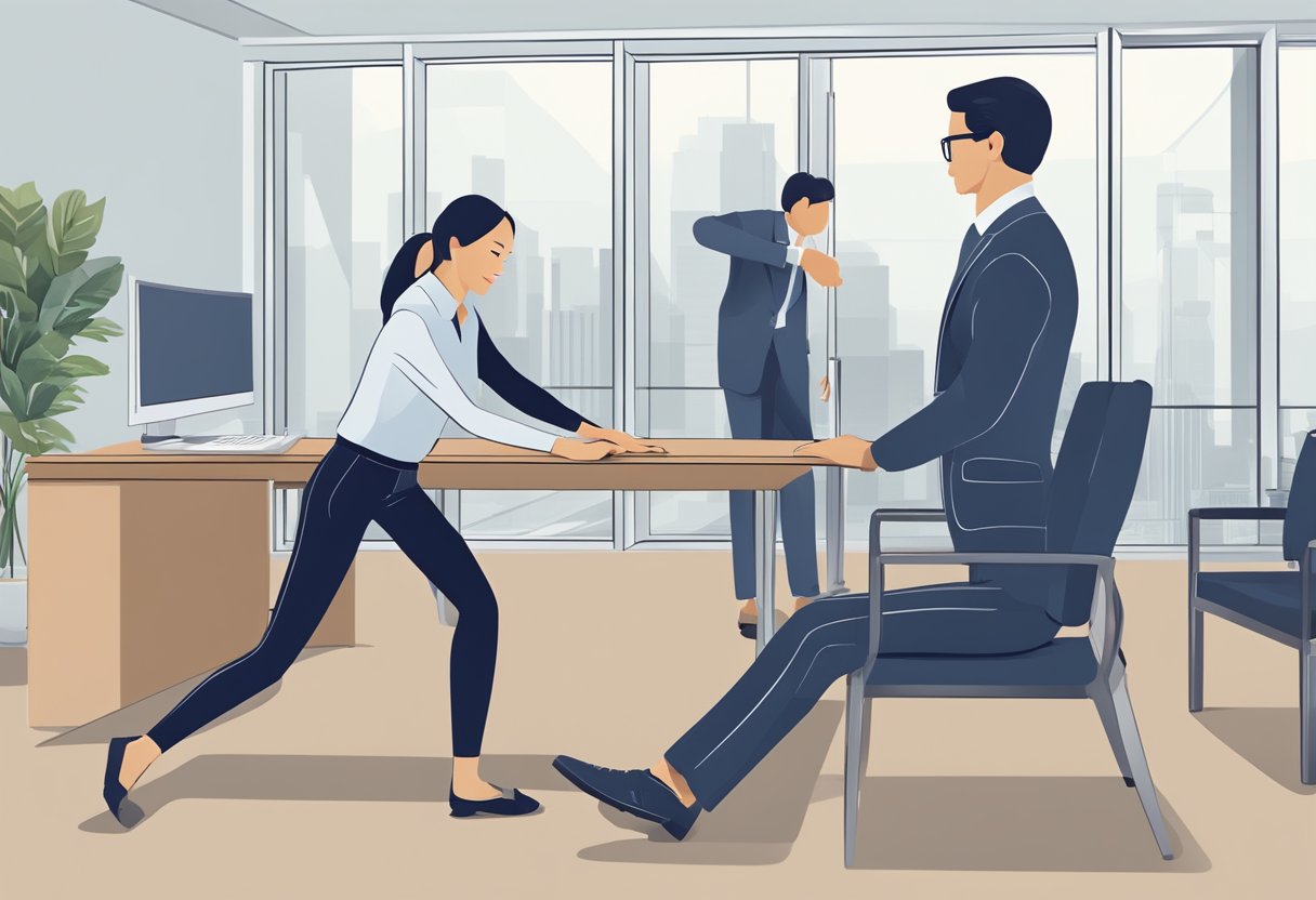 A person in business attire receiving assisted stretching in a modern office setting. A professional stretching assistant is helping the individual with various stretching exercises to improve flexibility and reduce stress