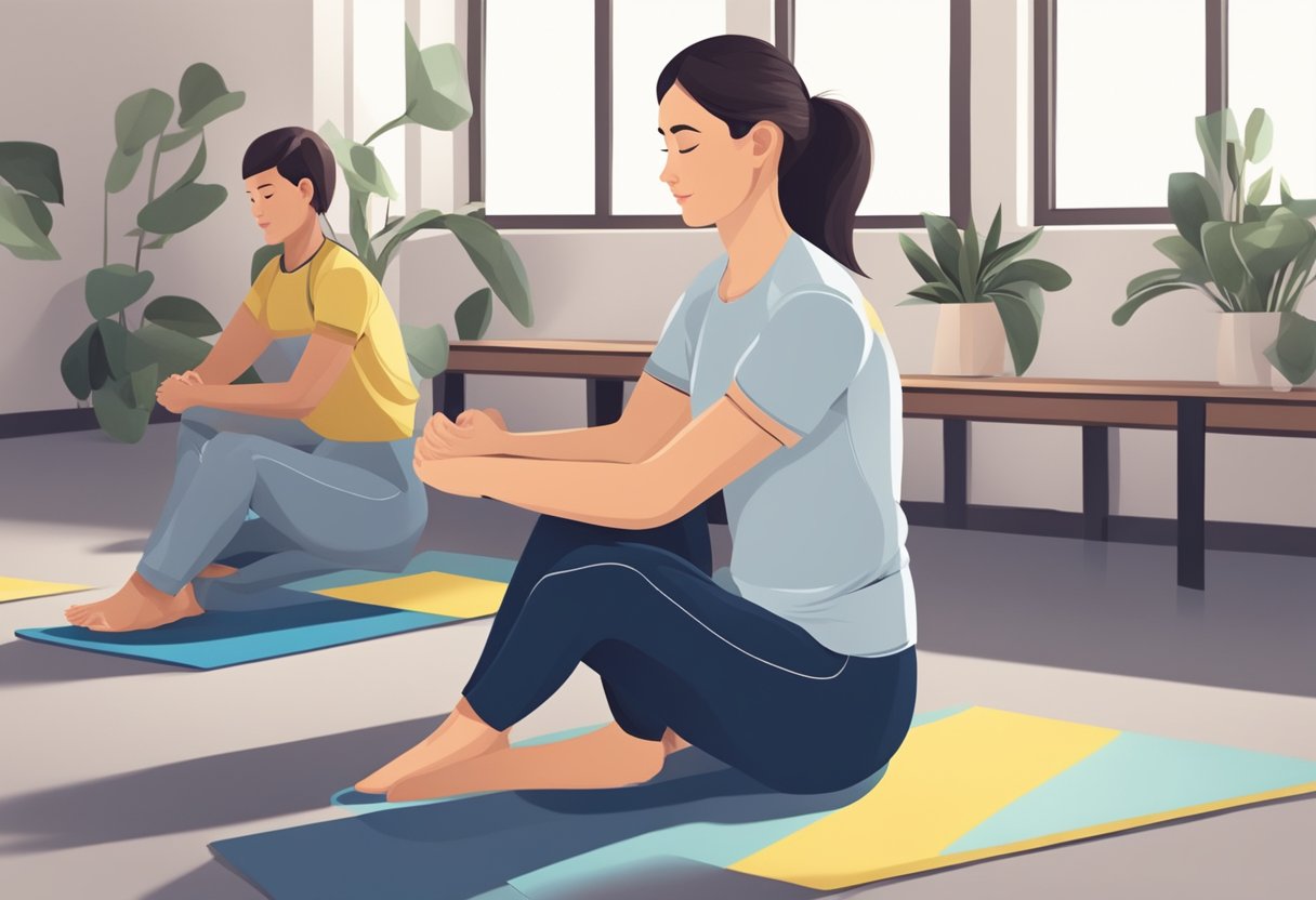 A busy professional sits comfortably as a trainer assists with stretching exercises, promoting flexibility and relaxation