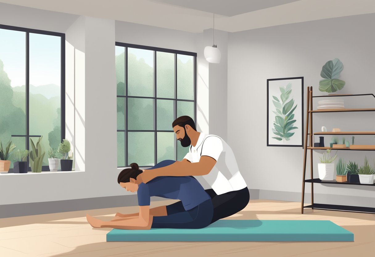 A busy professional receiving assisted stretching from a certified practitioner in a modern, tranquil studio setting