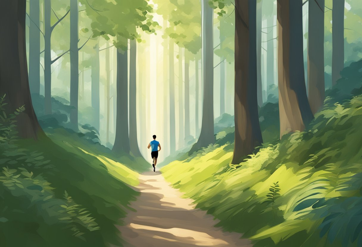 A serene forest path with dappled sunlight filtering through the trees. A figure in running attire is shown in a peaceful, meditative state, surrounded by the sounds of nature