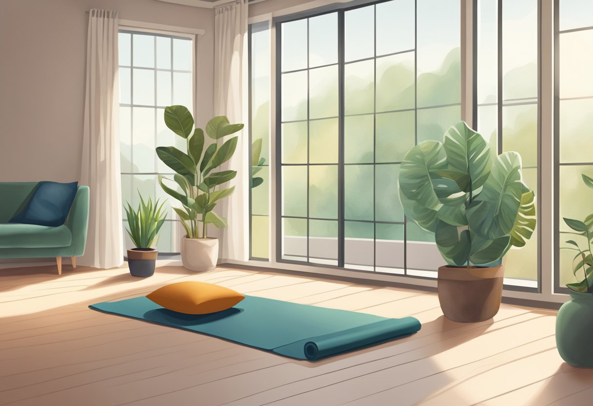A tranquil room with a yoga mat, cushions, and plants. Soft natural light filters in through the window, creating a peaceful and inviting atmosphere for a mindful yoga practice