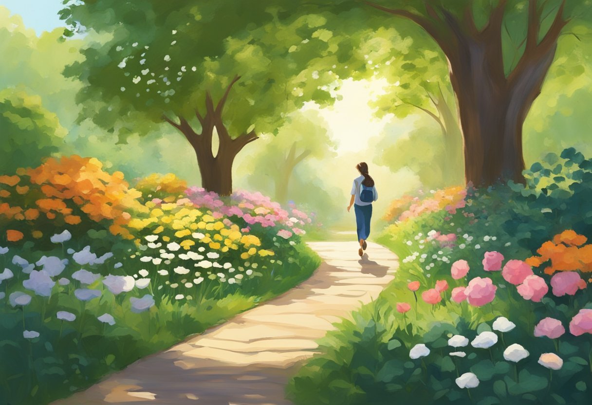A serene park path with dappled sunlight, surrounded by lush greenery and blooming flowers. A figure moves gracefully, embodying mindfulness in their fluid, purposeful strides