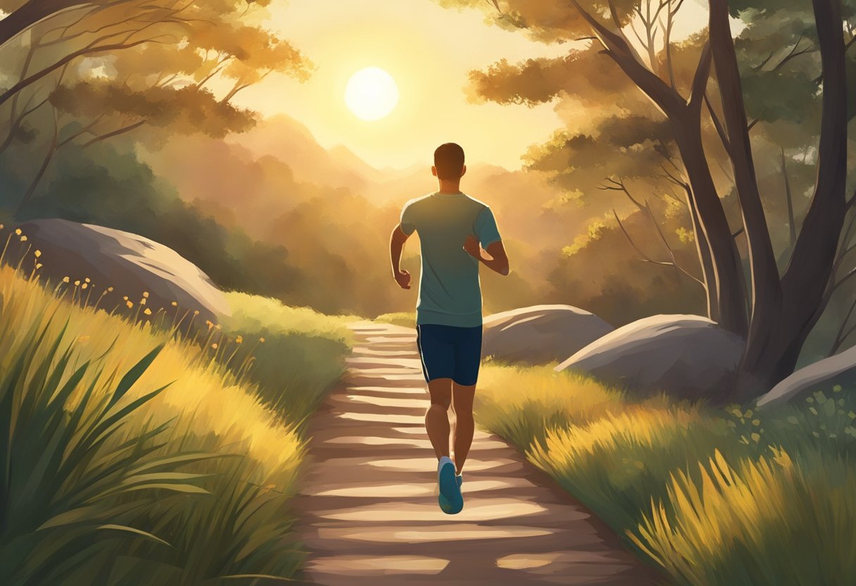 A runner on a serene path, surrounded by nature. The sun is rising, casting a warm glow on the landscape. The runner is focused and calm, breathing deeply and moving with purpose