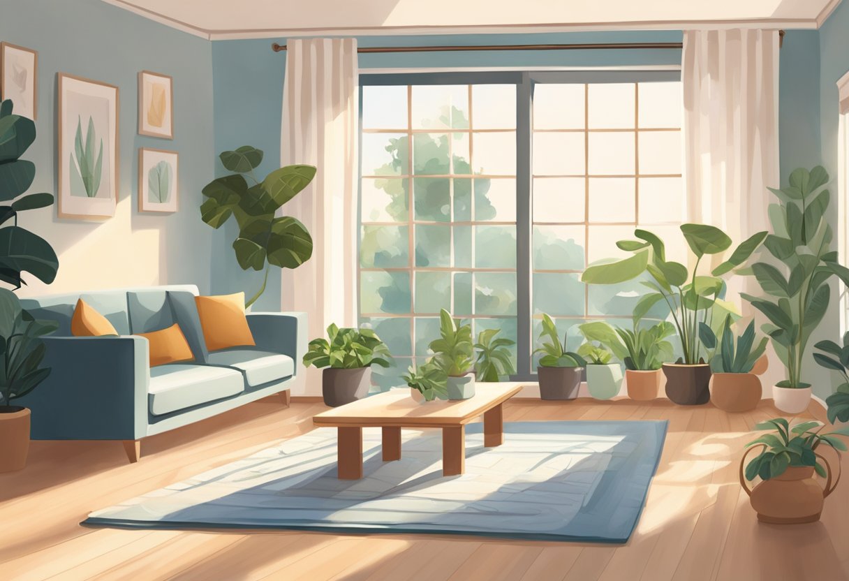 A serene living room with a yoga mat, plants, and calming decor. Sunlight streams in through open windows, creating a peaceful atmosphere for a mindful home yoga practice
