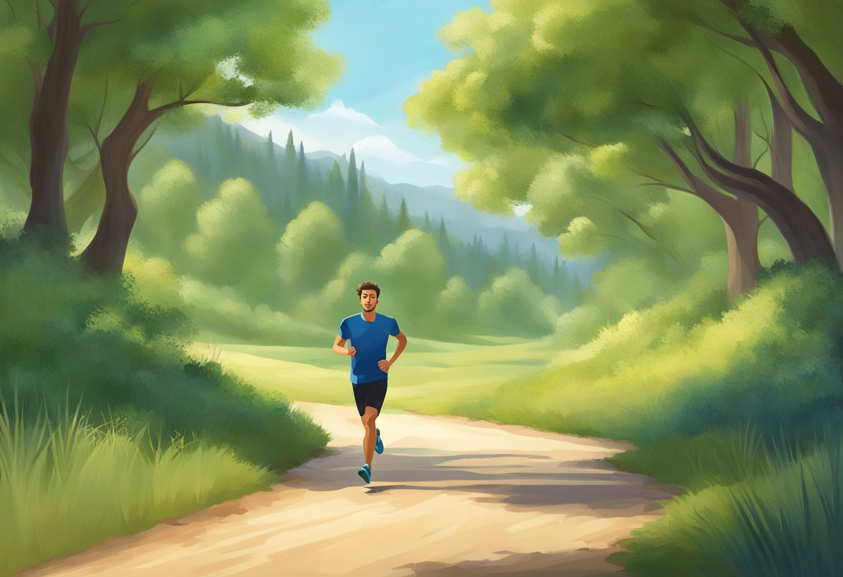 A person running through a serene natural setting, with a focused and calm expression, surrounded by trees and open space