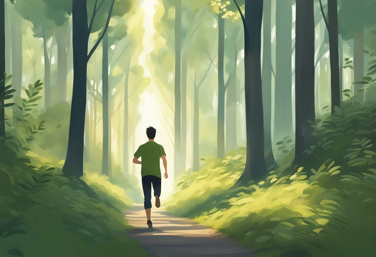 A serene figure runs through a peaceful forest, surrounded by tall trees and dappled sunlight, appearing calm and focused