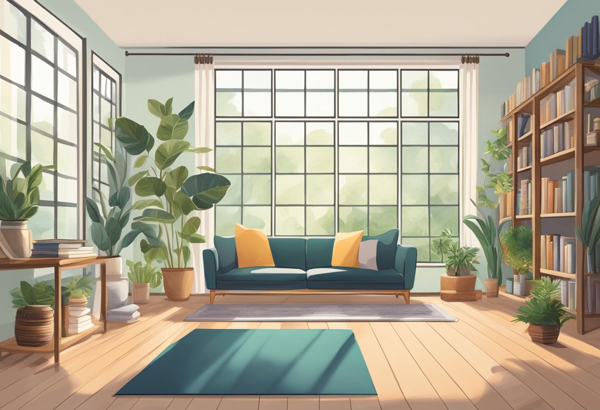 A serene living room with a yoga mat, plants, and natural light streaming in through large windows. A bookshelf filled with mindfulness and yoga books in the background