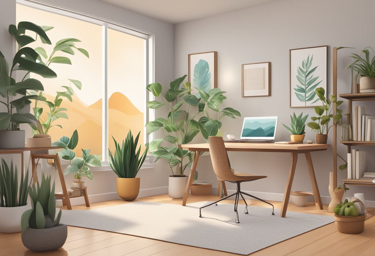 A clutter-free desk with a serene view. A cozy corner with a yoga mat, plants, and calming decor