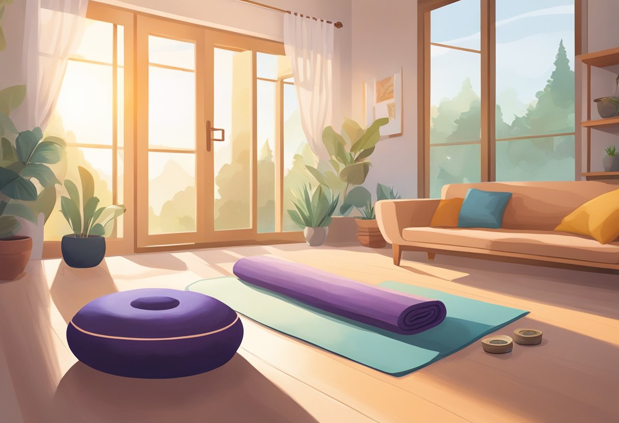 A serene living room with a yoga mat, meditation cushion, and incense. Sunlight streams in through the window, creating a peaceful atmosphere for a mindful home yoga practice