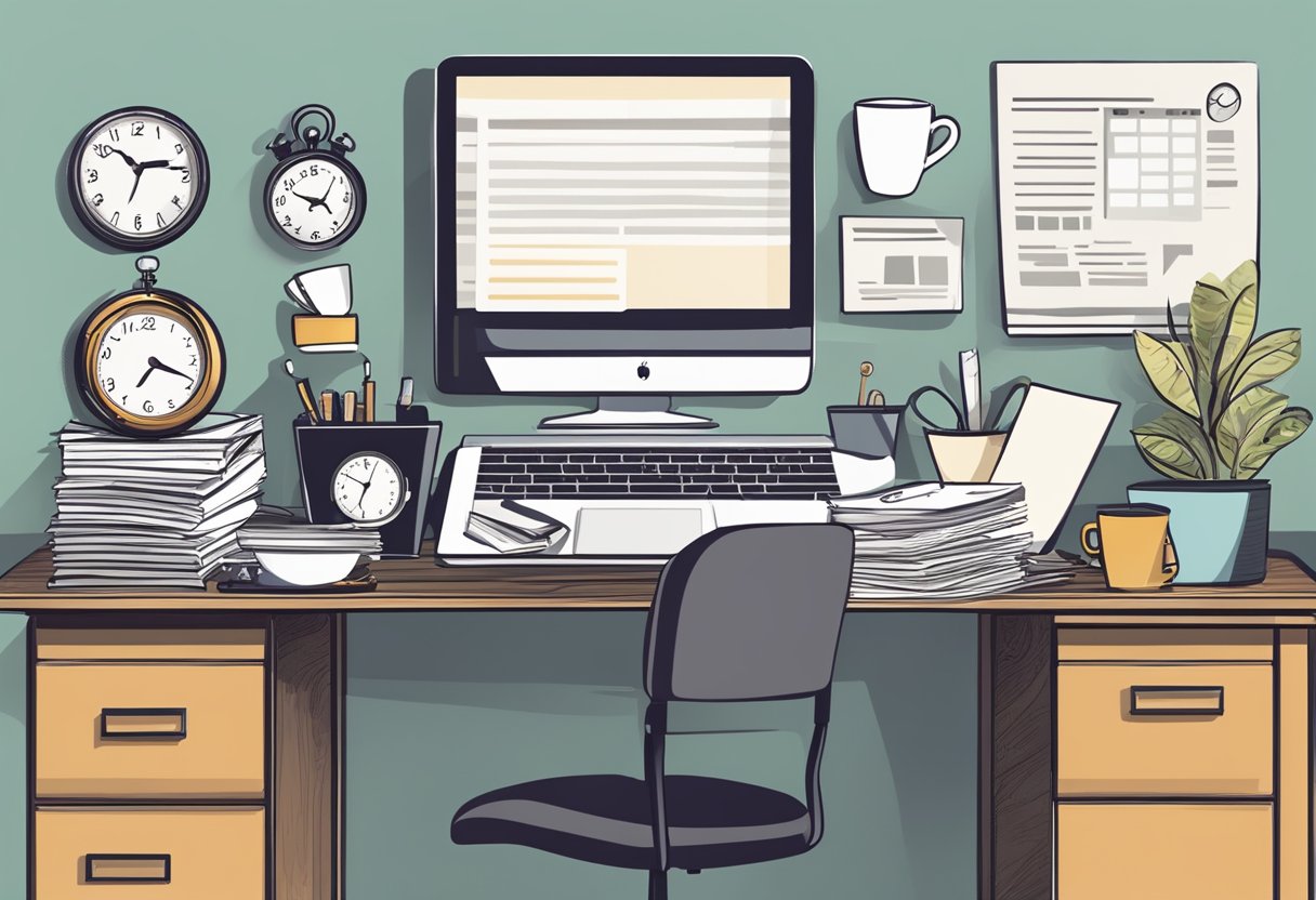 A busy professional's desk cluttered with a laptop, papers, and a coffee mug. A clock on the wall shows the time, indicating a strict schedule