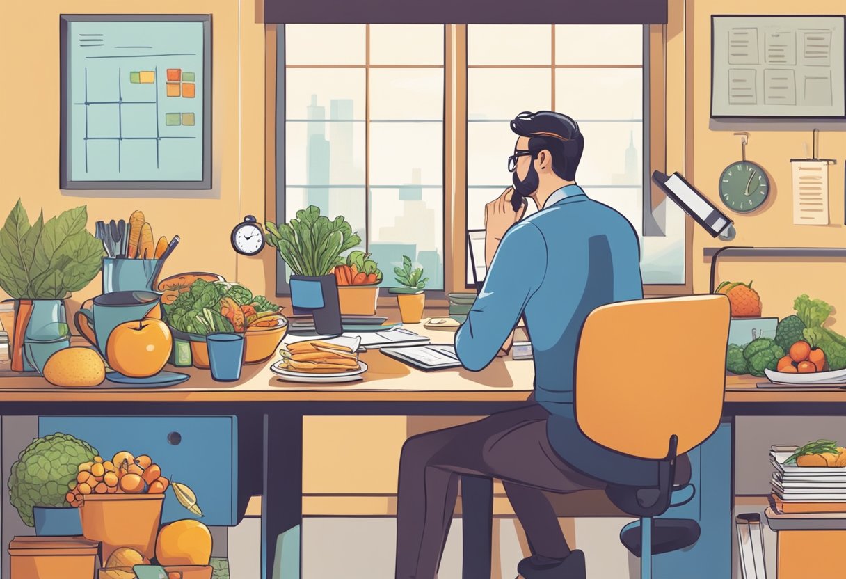 A busy professional sitting at a desk, with a clock showing different times of the day, a calendar, and various types of healthy food and drink options nearby