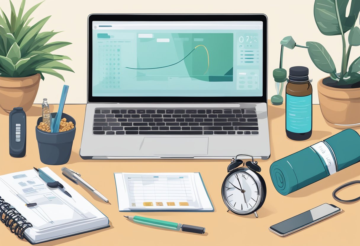 A busy professional's desk with a laptop, water bottle, and healthy snacks. A clock shows the time window for intermittent fasting. A yoga mat and exercise equipment are nearby