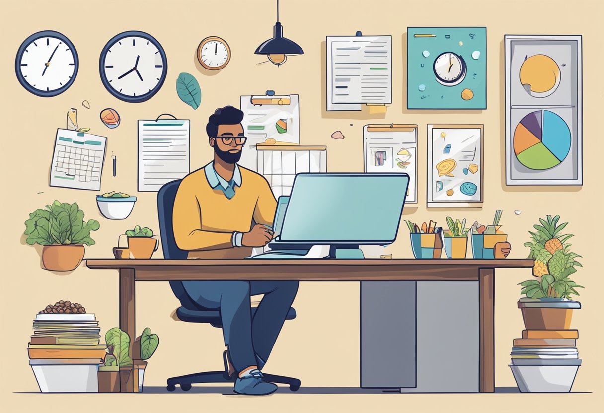 A busy professional sitting at a desk, surrounded by a laptop, notebook, and healthy snacks. A clock on the wall shows the passing of time