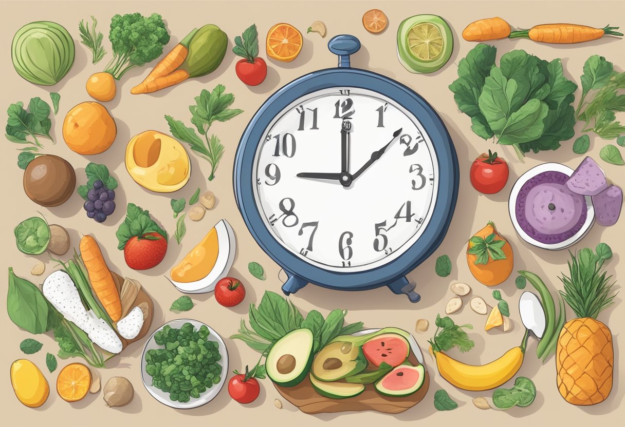 A peaceful setting with a table filled with healthy, colorful foods and a clock showing intermittent fasting times. The scene exudes a sense of calm and balance, emphasizing the connection between nutrition and stress management