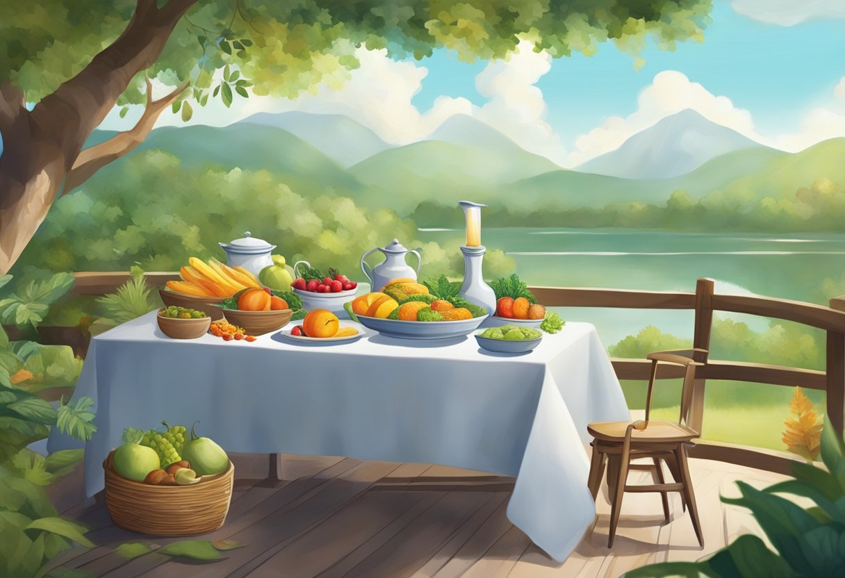 A serene and peaceful setting with a table adorned with healthy, nourishing foods, surrounded by nature and natural elements, evoking a sense of calm and balance