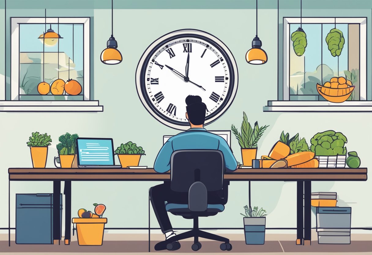 A person sitting at a desk with a clear mind, focused on work, surrounded by healthy food and a clock indicating a fasting window