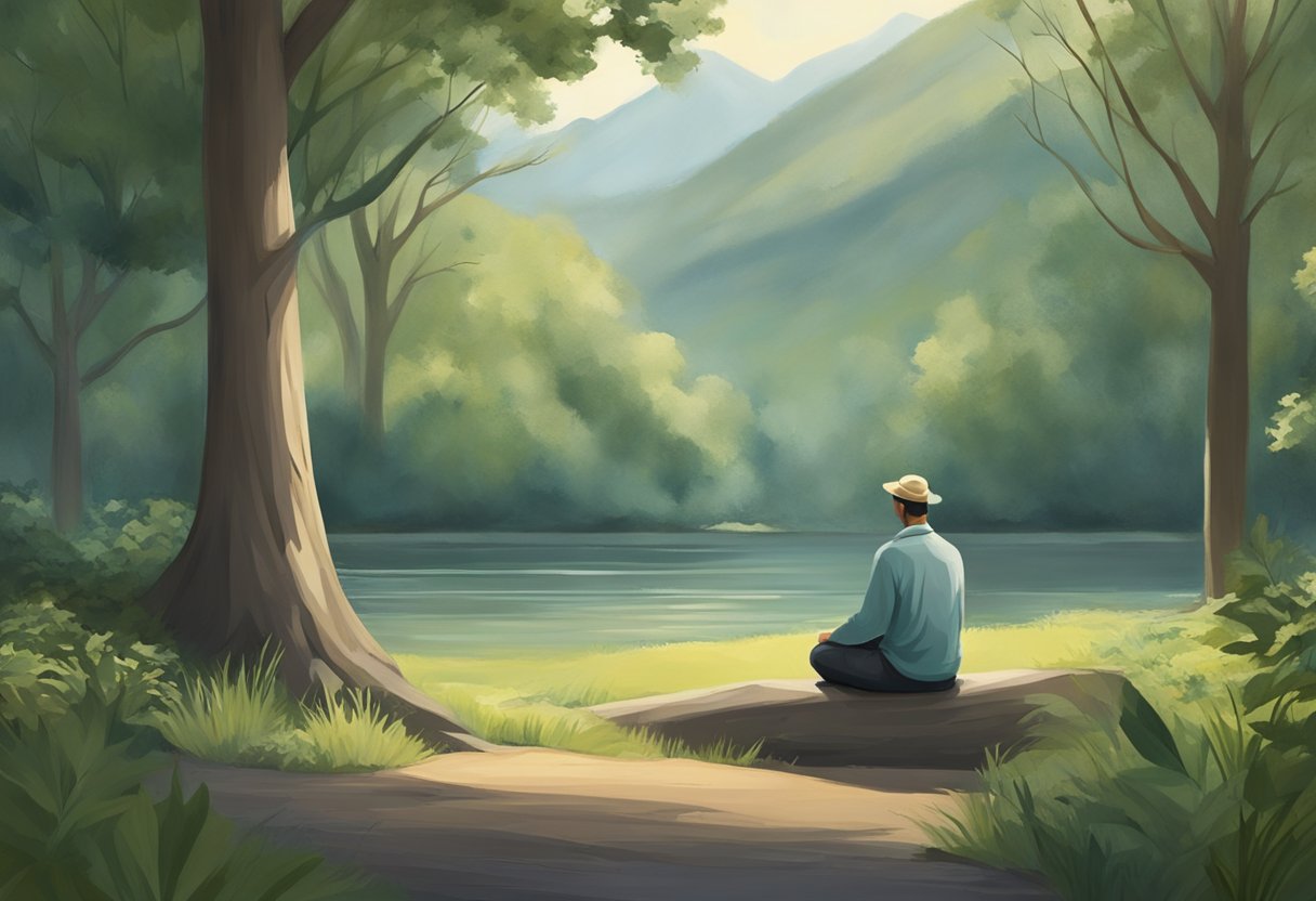 A serene, solitary figure sits in a peaceful setting, surrounded by nature. The figure appears calm and focused, exuding a sense of inner strength and resilience