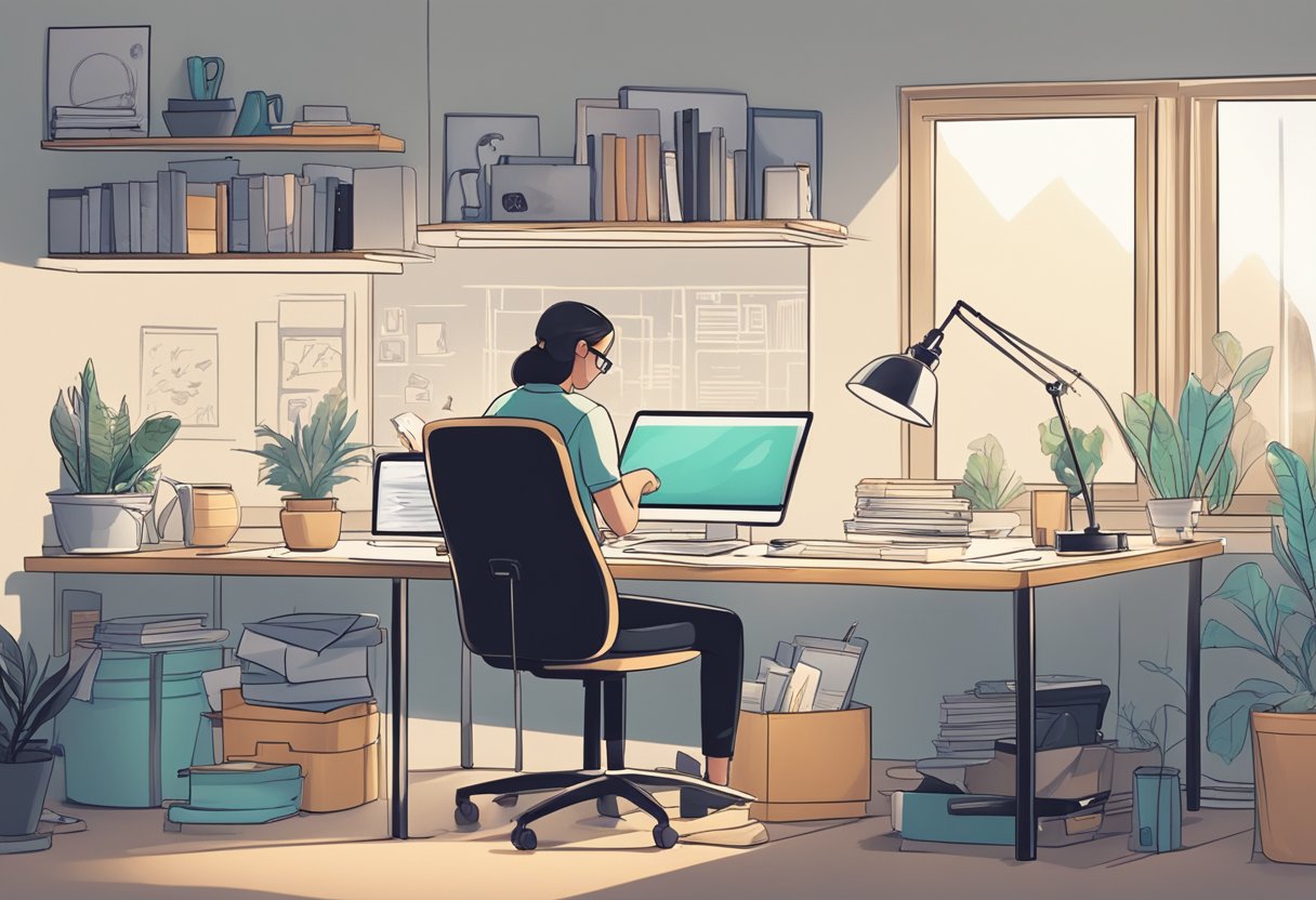 A clutter-free workspace with a clear desk and a focused individual working diligently with a calm and clear mind