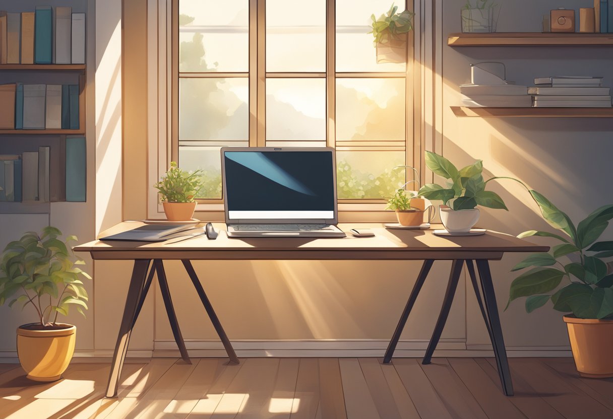 A serene, clutter-free workspace with a laptop, notebook, and a cup of tea. Sunlight streams in through a window, casting a warm glow on the scene