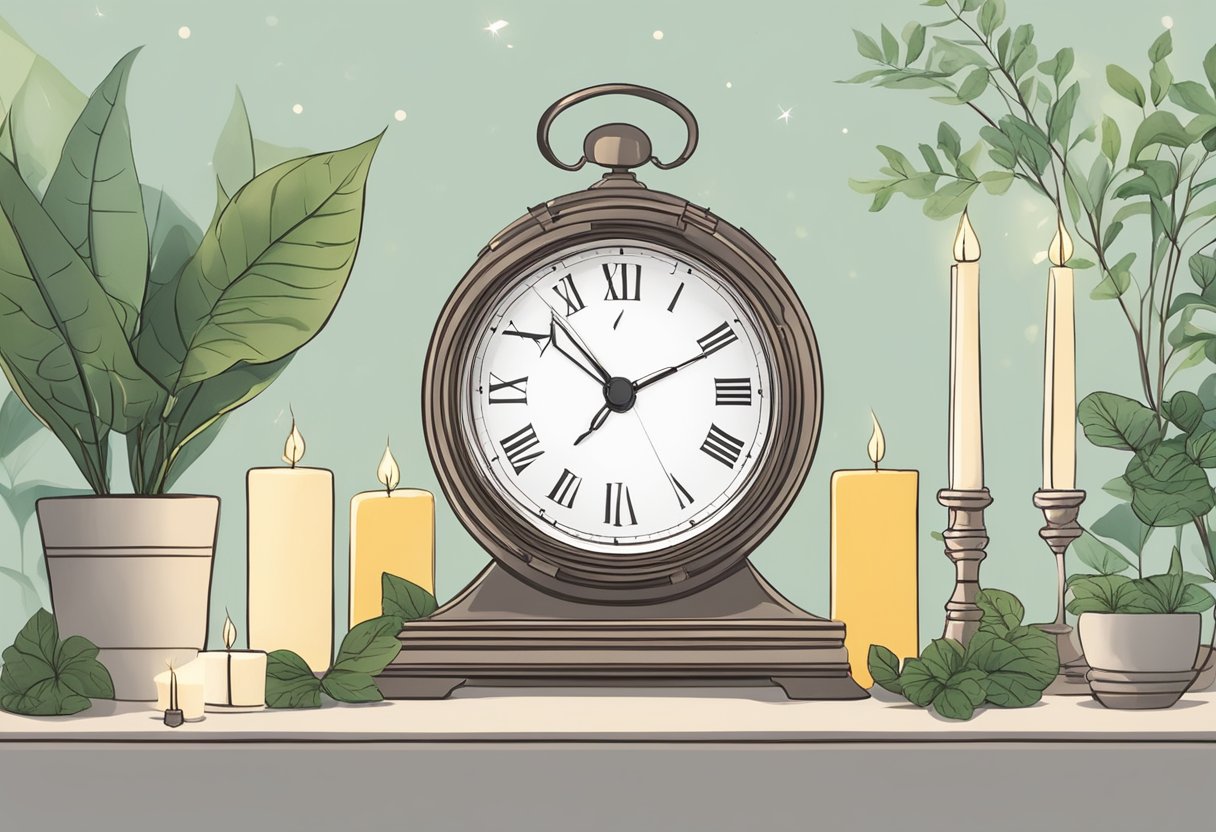 A serene setting with a clock showing a specific fasting window, surrounded by calming elements like candles and plants, to convey the concept of intermittent fasting for stress management and resilience