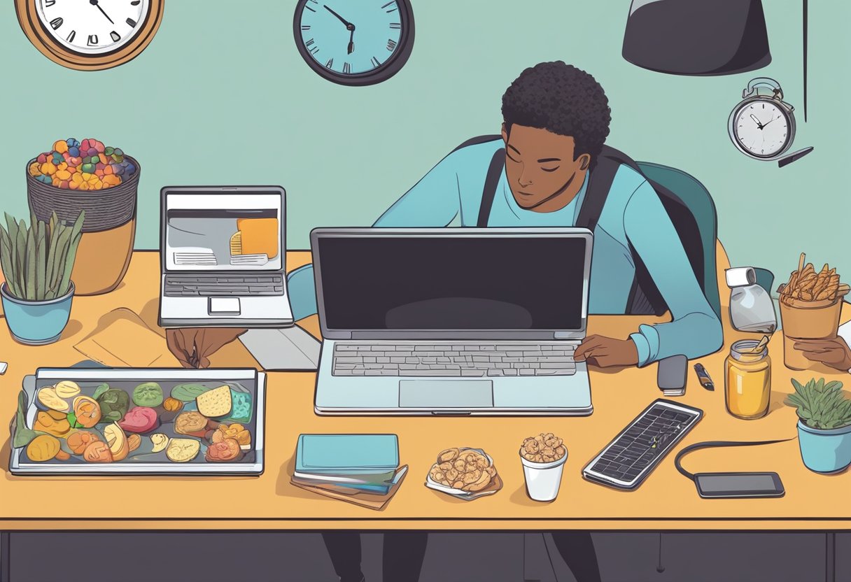 A person working at a clutter-free desk, with a laptop and notebook, surrounded by healthy snacks and a water bottle, while a clock shows a specific time