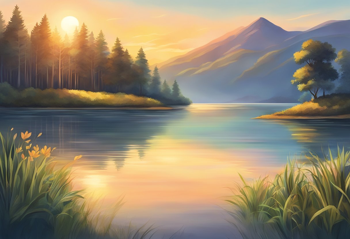 A serene setting with a sunrise or sunset over a calm body of water, surrounded by nature and a peaceful atmosphere