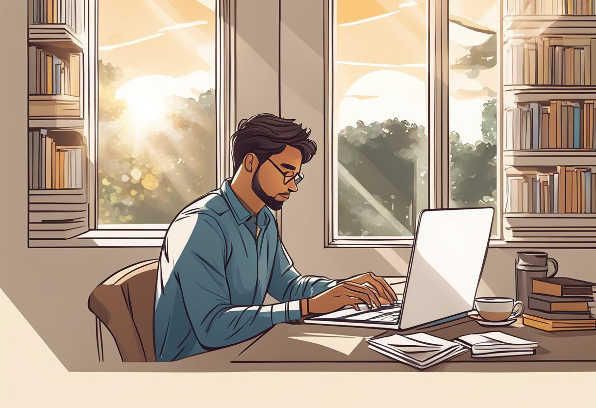 A person sitting at a desk with a laptop, surrounded by books and a cup of coffee. The sunlight streams in through a window, creating a warm and focused atmosphere