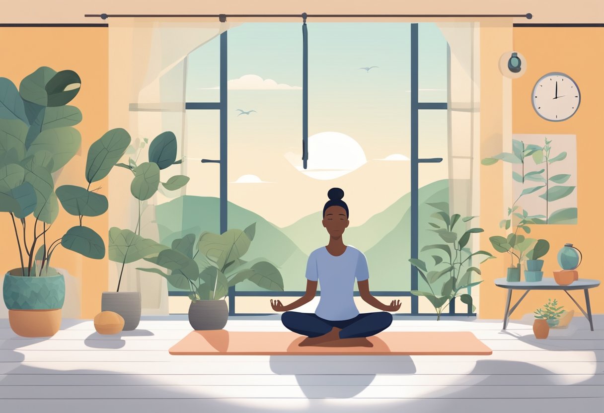 A serene setting with a clock showing intermittent fasting hours, a person practicing mindfulness, and engaging in stress-relieving activities like yoga or meditation