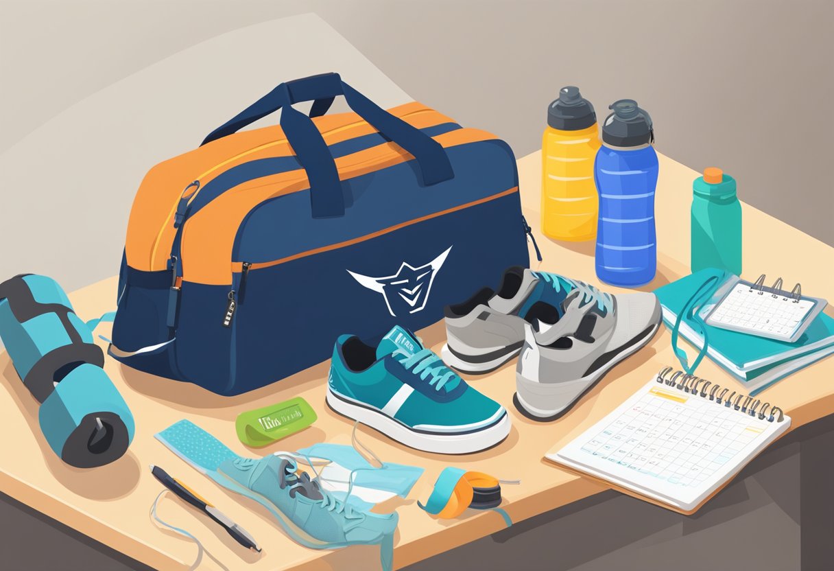 A gym bag sits open on a cluttered desk, next to a calendar with workout times marked in bold. A water bottle and pair of running shoes are placed nearby