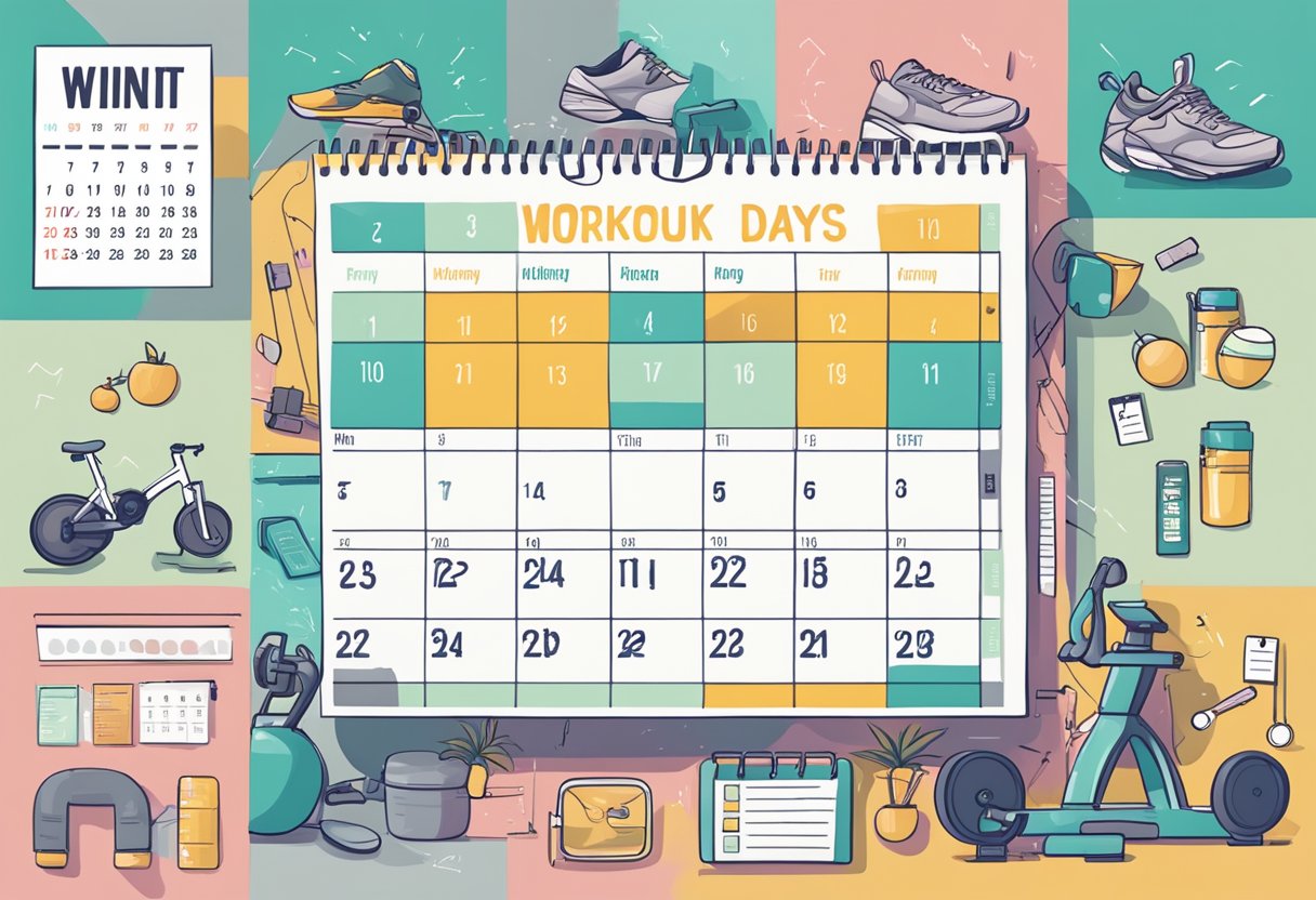 A calendar with workout days marked in bold, surrounded by fitness equipment and motivational posters