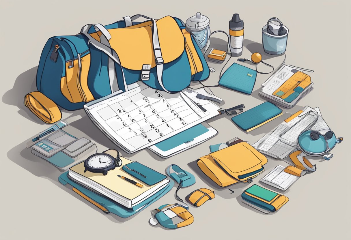 A cluttered calendar with appointments, meetings, and deadlines. A clock showing a busy schedule. A gym bag and workout gear tucked in between commitments