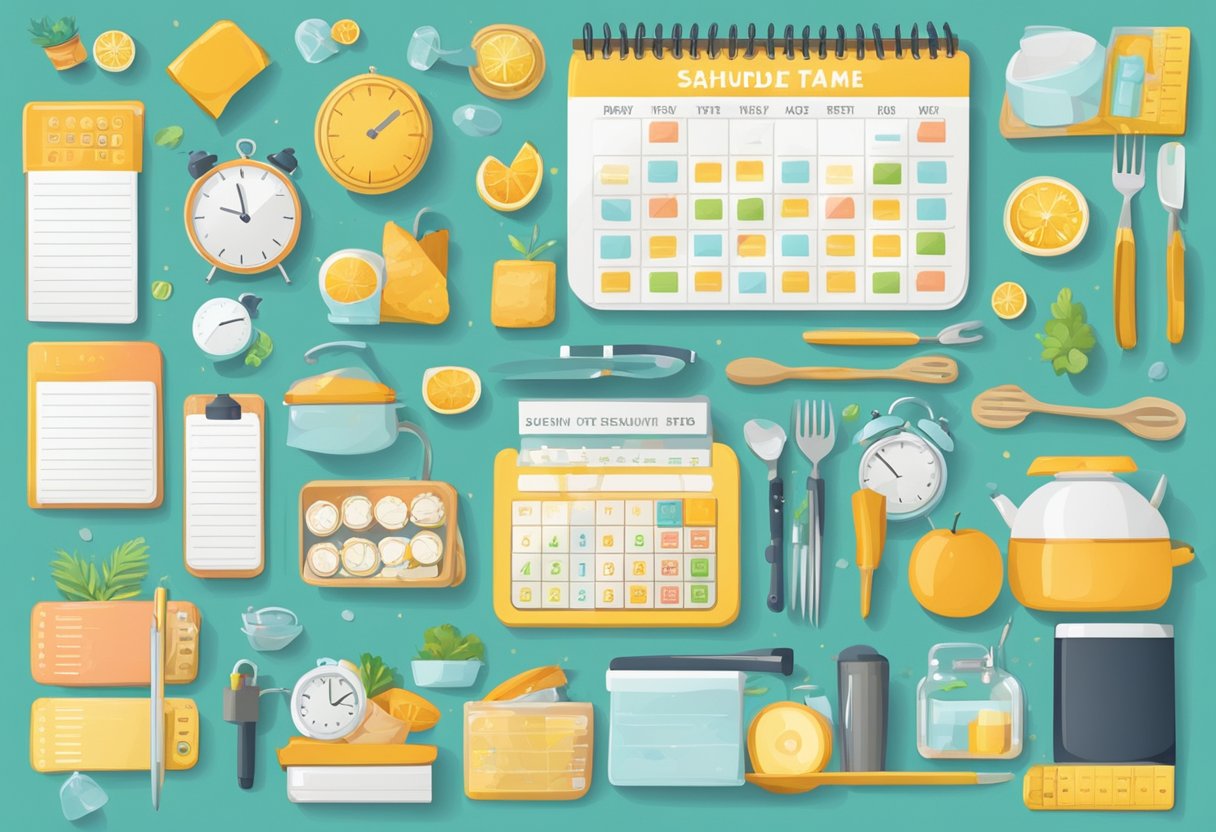 A person's daily schedule filled with a variety of activities, such as work, cooking, and leisure time, with slots dedicated to exercise integrated throughout the day