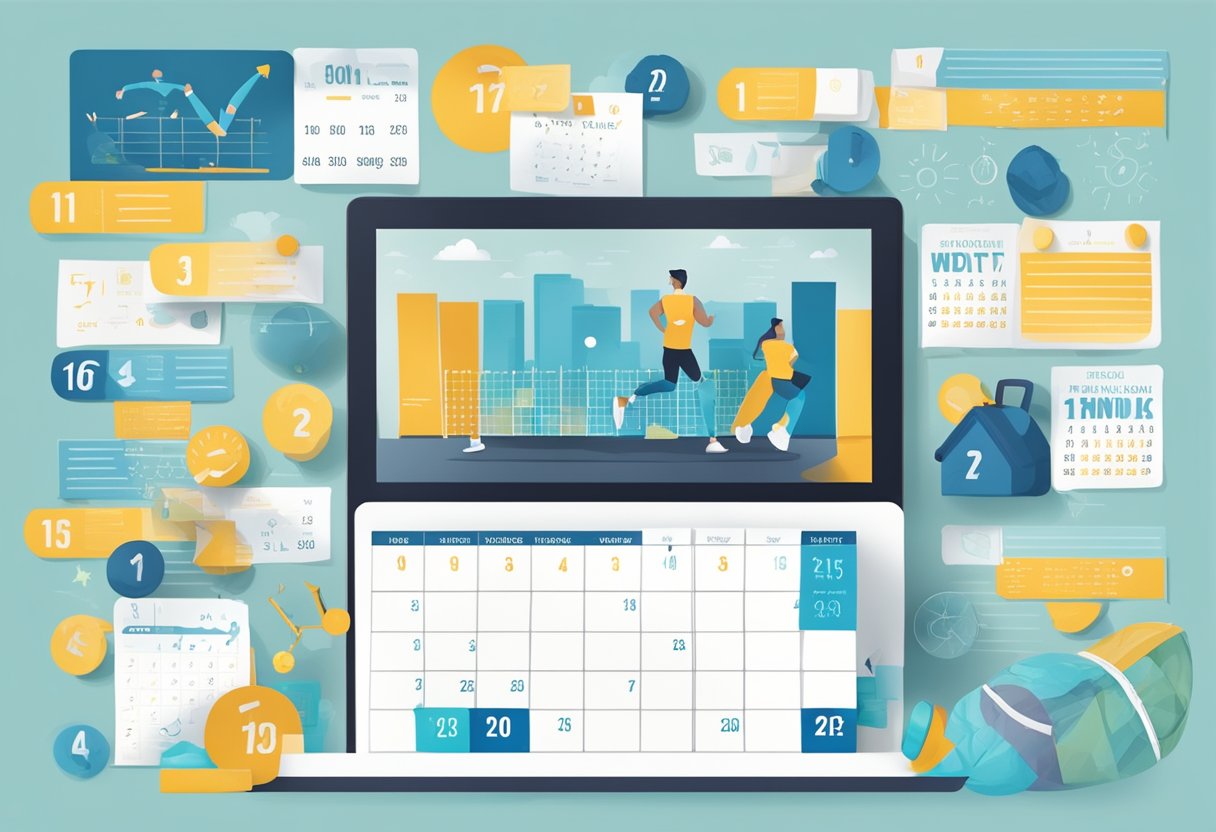 A calendar with workout days marked off, surrounded by motivational quotes and images of progress charts and fitness goals