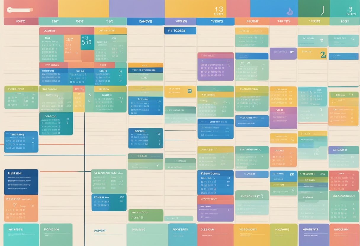 A cluttered calendar with overlapping events and workout icons scattered throughout. Time slots are color-coded and labeled with different workout types