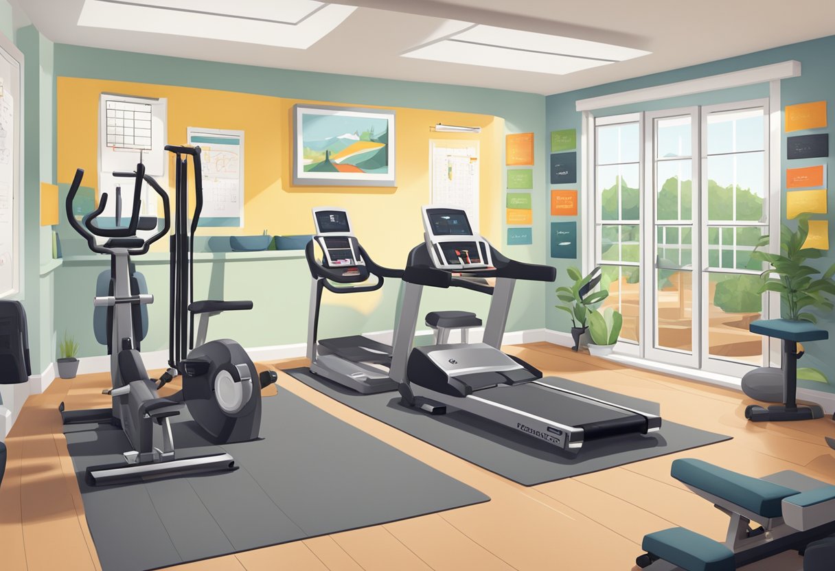 A bright, organized workout space with exercise equipment, motivational posters, and a calendar marked with consistent workout days