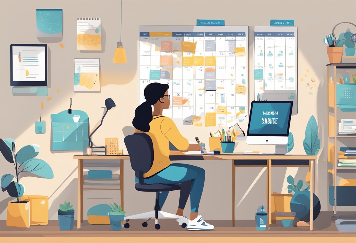 A person sitting at a desk with a calendar, workout gear, and healthy snacks. The room is well-lit and organized, with motivational quotes on the wall