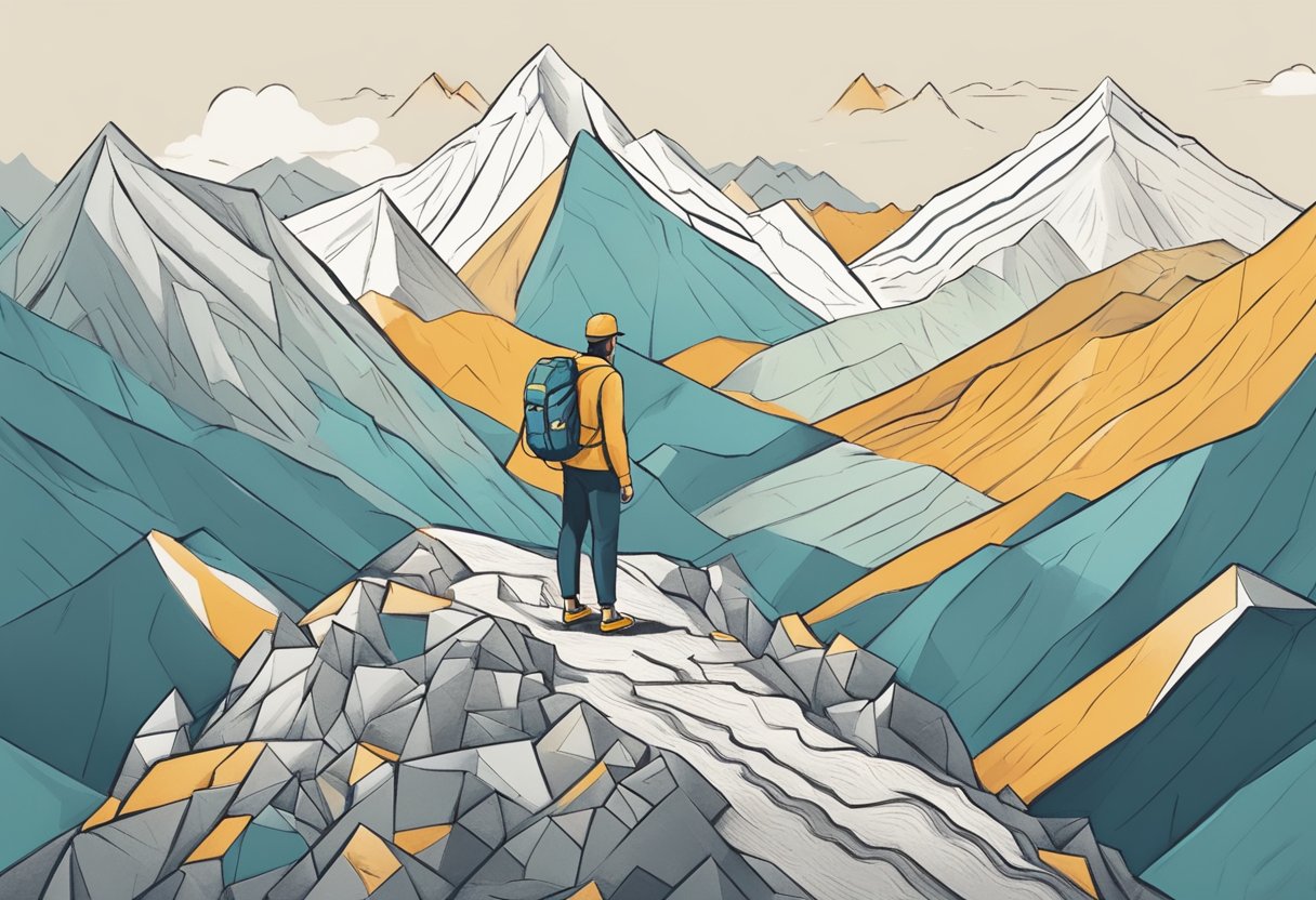 A person standing at the base of a steep mountain, looking determined. The mountain is covered in obstacles, representing mental hurdles and procrastination. The person is holding a map and a compass, symbolizing staying motivated and consistent with their workouts