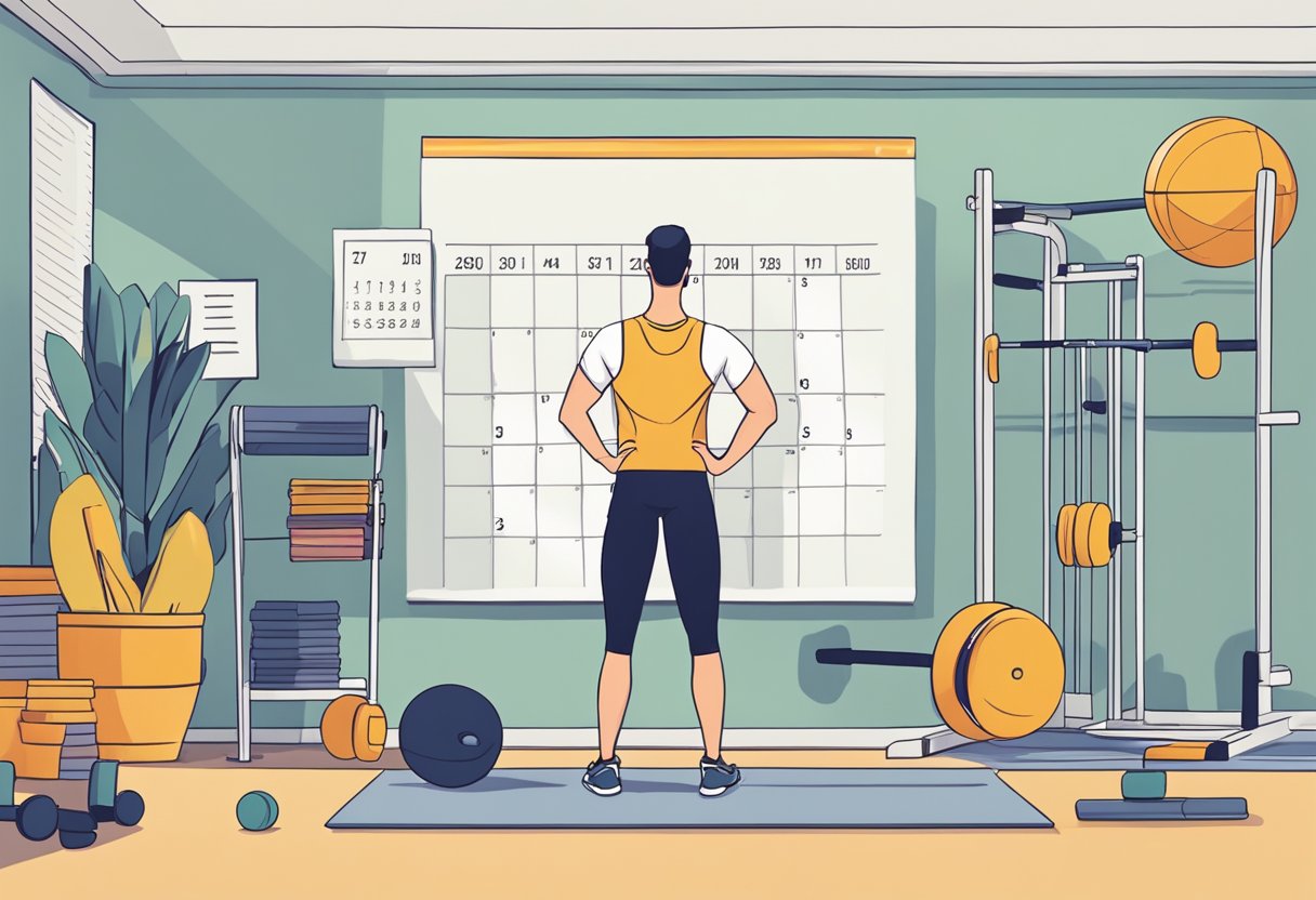 A person standing in front of a calendar, crossing off completed workout days with a determined expression. A stack of workout equipment sits nearby