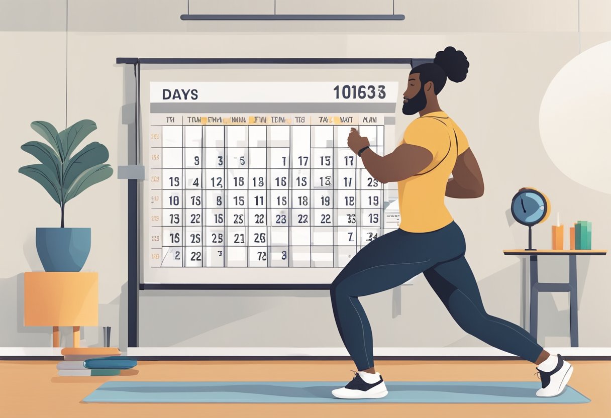 A person wearing workout clothes stands in front of a calendar, marking off days for exercise. A clock on the wall shows the time blocked out for fitness