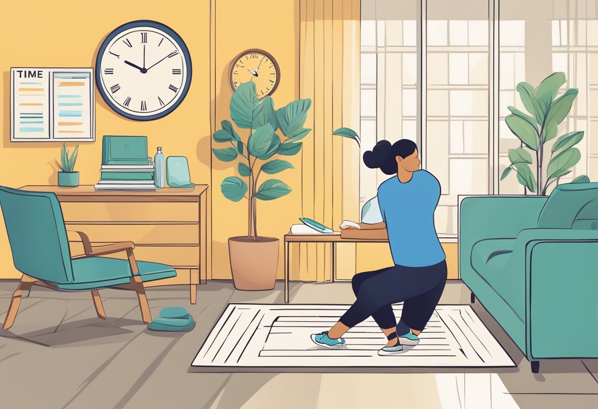 A person's schedule is shown with time blocked out for exercise. A clock or timer is visible to emphasize the importance of time management