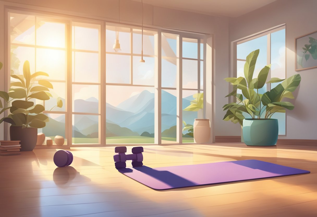 A bright and peaceful morning scene with a yoga mat, dumbbells, and a water bottle set up in a spacious, sunlit room
